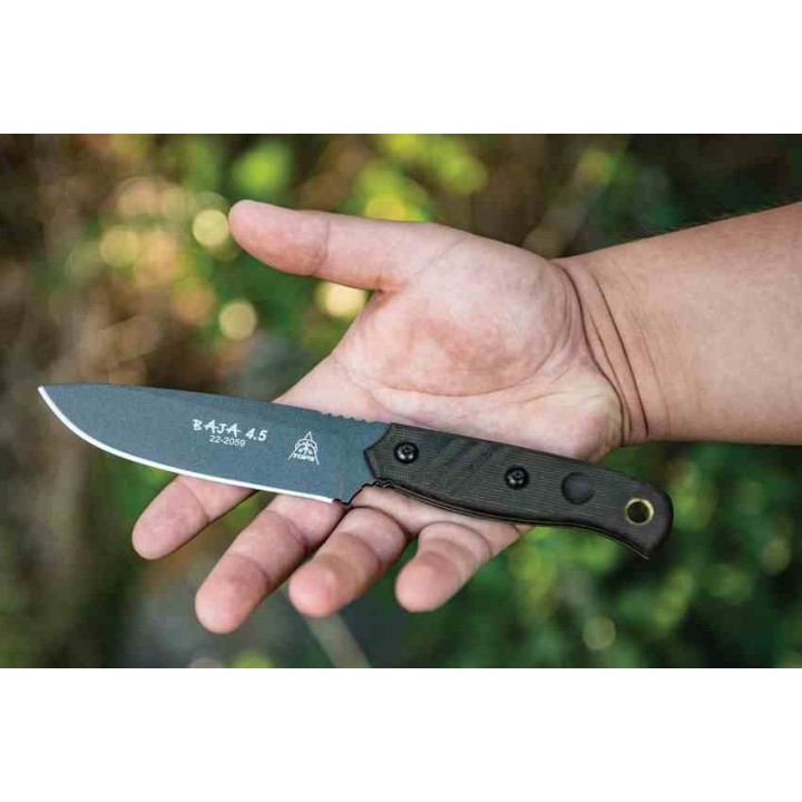 Couteau Tops Baja 4.5 Green Lame Acier Carbone 1095 Manche Micarta Etui Kydex Made USA TPBAJA4502 - Livraison Gratuite