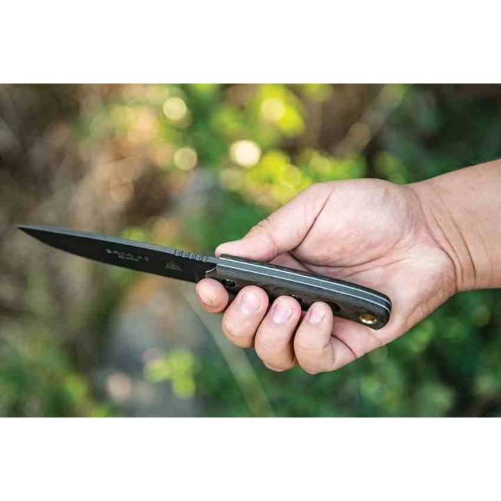 Couteau Tops Baja 4.5 Green Lame Acier Carbone 1095 Manche Micarta Etui Kydex Made USA TPBAJA4502 - Livraison Gratuite