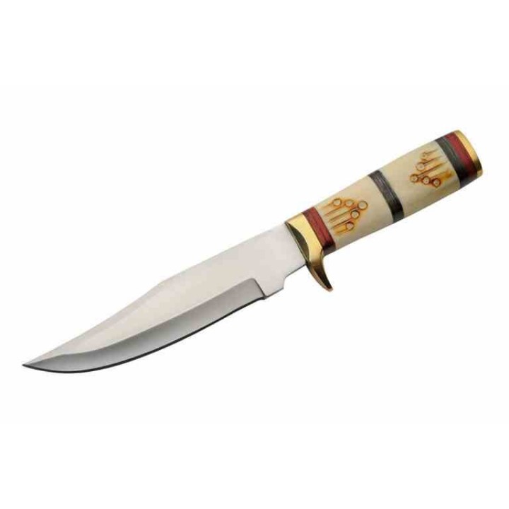 Couteau de Chasse Rain Fall Hunter Bone Manche Os Lame Acier Inox Etui Cuir PA203498 - Livraison Gratuite