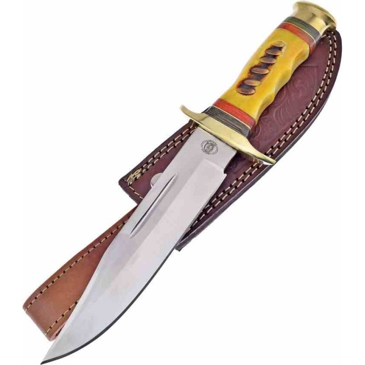 Couteau Bowie Frost Cutlery Running Bear Lame Acier Inox Manche Os Etui Cuir FCW600YB - Livraison Gratuite