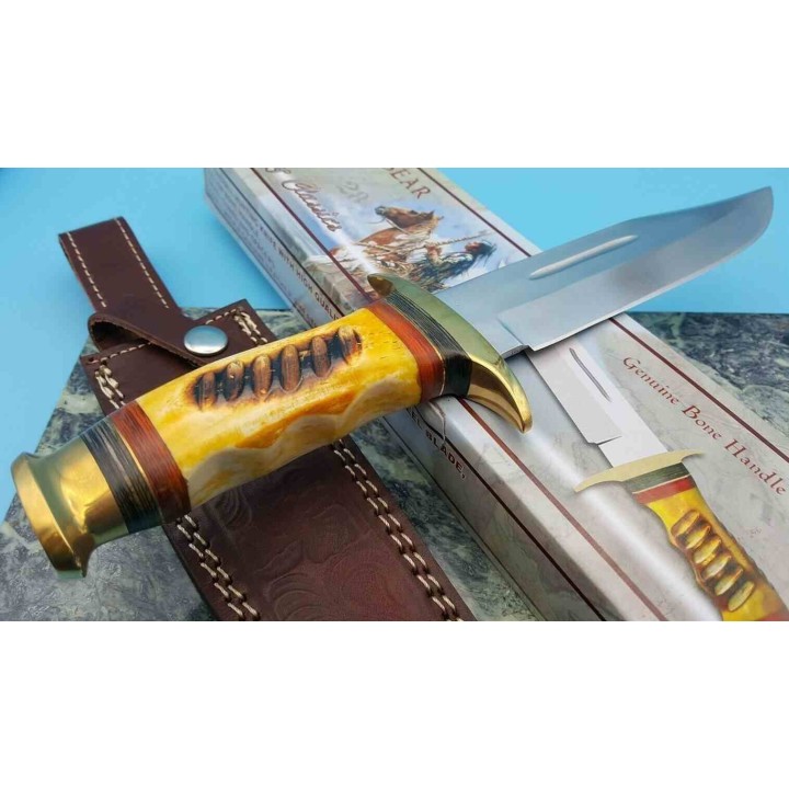 Couteau Bowie Frost Cutlery Running Bear Lame Acier Inox Manche Os Etui Cuir FCW600YB - Livraison Gratuite