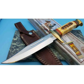 Couteau Bowie Frost Cutlery Running Bear Lame Acier Inox Manche Os Etui Cuir FCW600YB - Livraison Gratuite