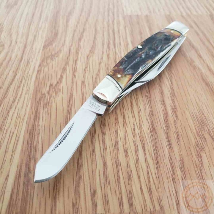 Couteau Rough Ryder Stockman Cinnamon Bone Stag 3 Lames Acier Carbone Boite COllector RR2421 - Livraison Gratuite