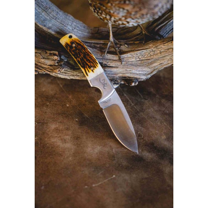 Couteau Browning Buckmark Hunter Bone Lame Acier 8Cr13MoV Manche Os Etui CUir BR0509B - Livraison Gratuite