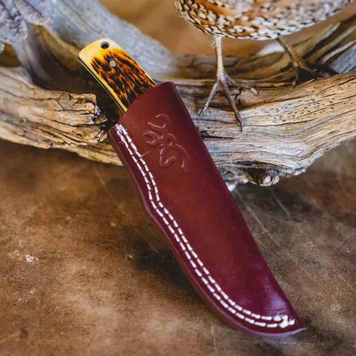 Couteau Browning Buckmark Hunter Bone Lame Acier 8Cr13MoV Manche Os Etui CUir BR0509B - Livraison Gratuite