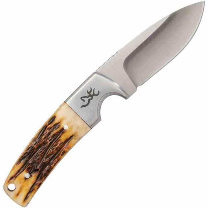 Couteau Browning Buckmark Hunter Bone Lame Acier 8Cr13MoV Manche Os Etui CUir BR0509B - Livraison Gratuite