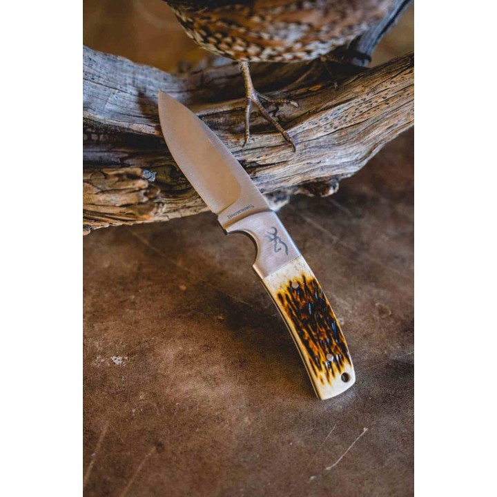 Couteau Browning Buckmark Hunter Bone Lame Acier 8Cr13MoV Manche Os Etui CUir BR0509B - Livraison Gratuite