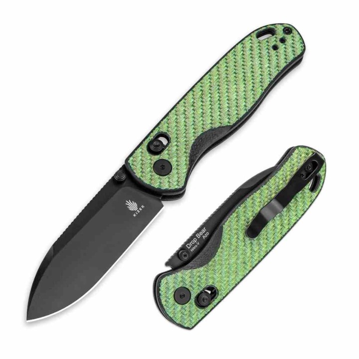 Couteau Kizer Drop Bear Green Manche FCarbone Lame Acier Nitro-V Clutch Lock Clip KIV3619A4 - Livraison Gratuite