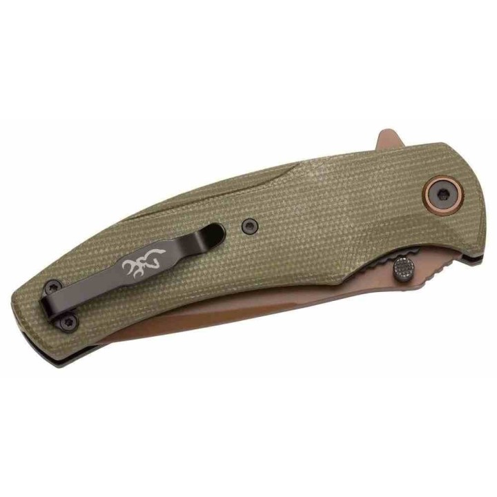 Couteau Browning Trailside Bronze Lame Acier D2 Manche Green Micarta Linerlock Clip BR0466 - Livraison Gratuite