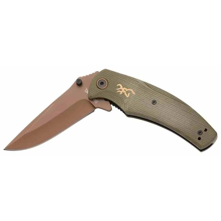 Couteau Browning Trailside Bronze Lame Acier D2 Manche Green Micarta Linerlock Clip BR0466 - Livraison Gratuite