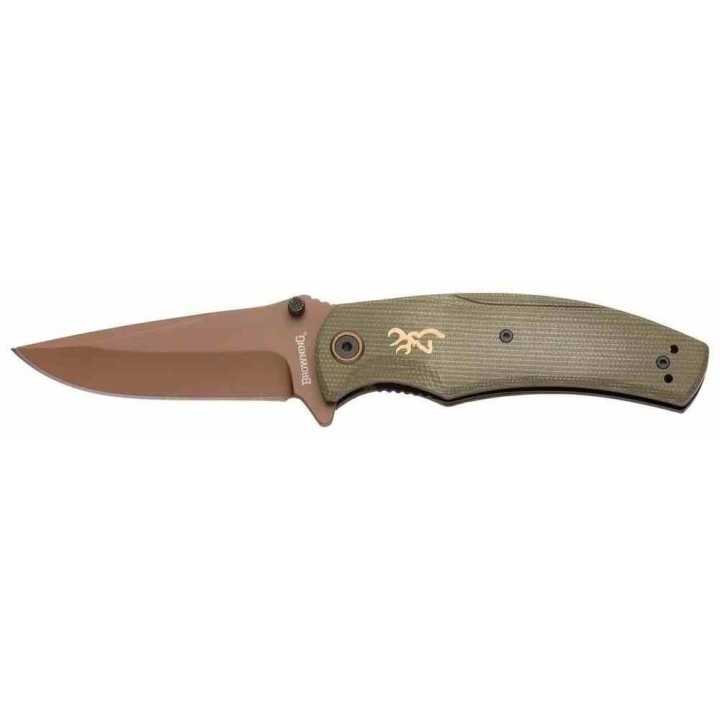 Couteau Browning Trailside Bronze Lame Acier D2 Manche Green Micarta Linerlock Clip BR0466 - Livraison Gratuite