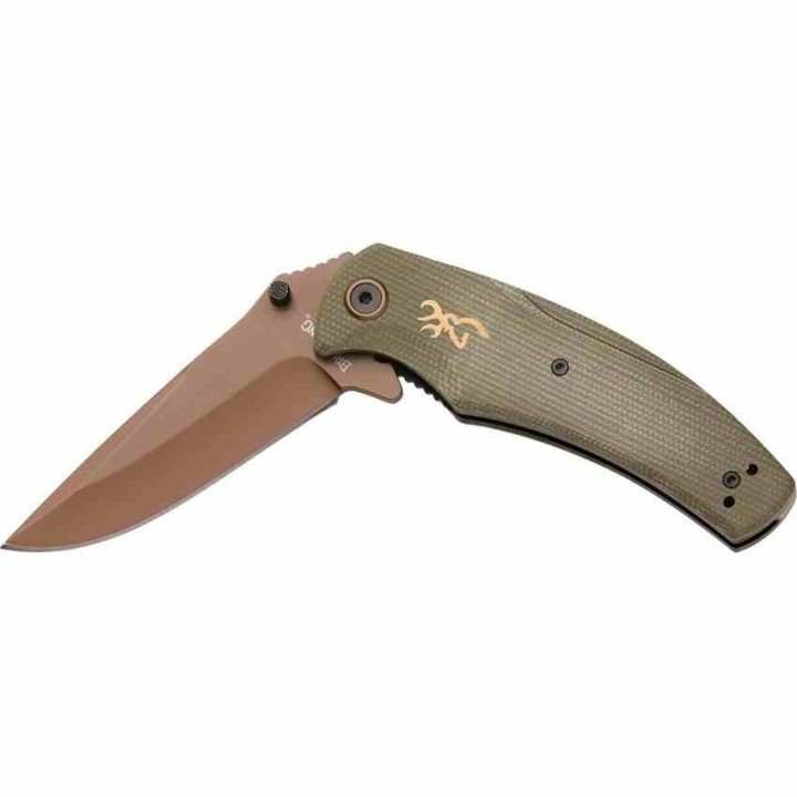 Couteau Browning Trailside Bronze Lame Acier D2 Manche Green Micarta Linerlock Clip BR0466 - Livraison Gratuite