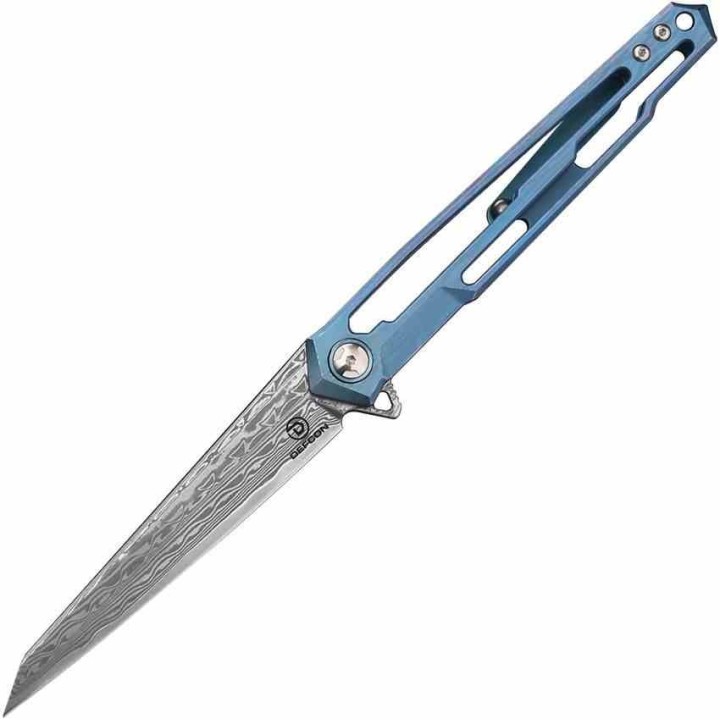 Couteau Defcon Peregrine Blue Manche Titane Lame Damas Acier 10Cr15CoMoV IKBS Framelock Clip TF43941 - Livraison Gratuite
