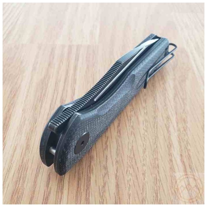 Couteau Trivisa Antliae Black Manche Micarta Lame Acier 14C28N Blk IKBS Button Lock Clip TVTY22BM14 - Livraison Gratuite