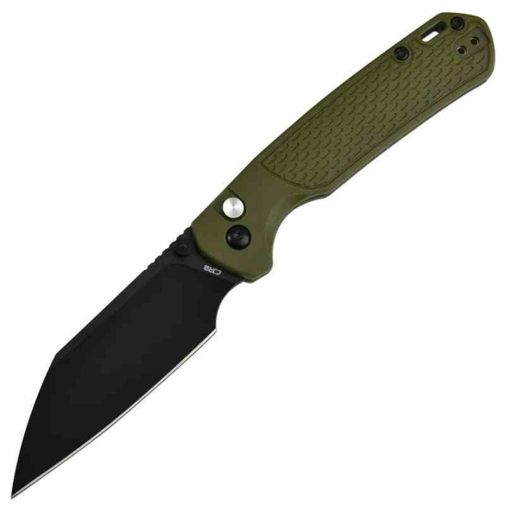 Couteau CJRB Pyrite Light OD Green Manche FRN Lame Acier AR-RPM9 Wharncliffe Button Lock IKBS Clip J1945BGN - Livraison Gratuite