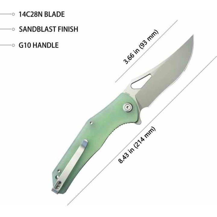 Couteau Kubey Phemius Jade Manche G10 Lame Acier 14C28N IKBS Linerlock Clip KUB149D - Livraison Gratuite