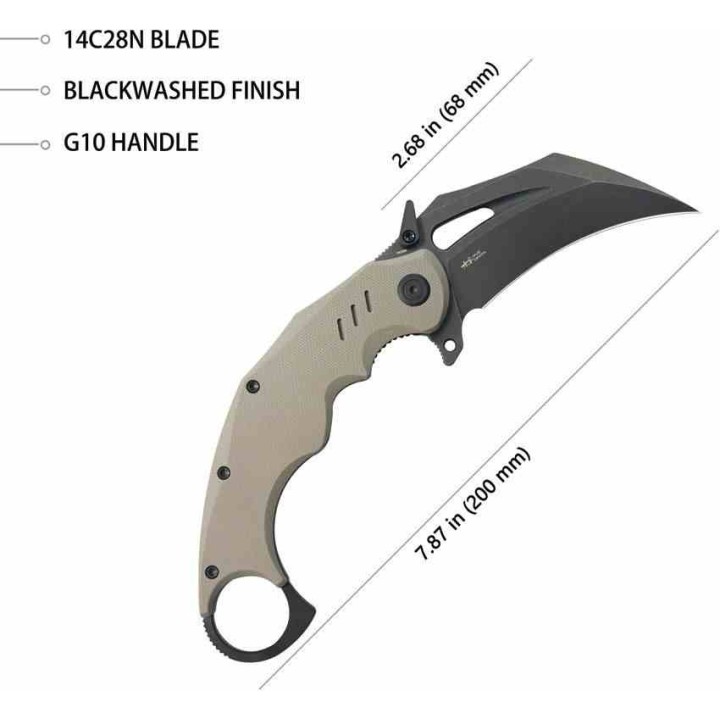 Couteau Kubey Wrath Karambit Tan Manche G-10 Lame Acier 14C28N Blk IKBS KUB261G - Livraison Gratuite