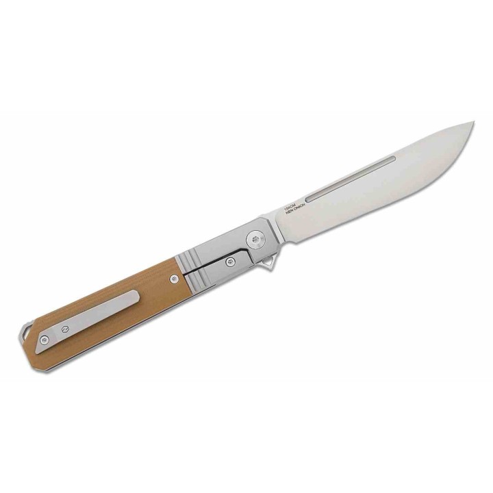 Couteau Karbon Flatline Tan Manche G10/Titane Lame Acier 154CM Satin IKBS Framelock Clip KARB113 - Livraison Gratuite