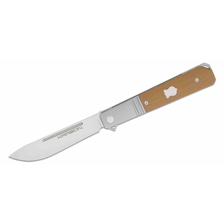 Couteau Karbon Flatline Tan Manche G10/Titane Lame Acier 154CM Satin IKBS Framelock Clip KARB113 - Livraison Gratuite