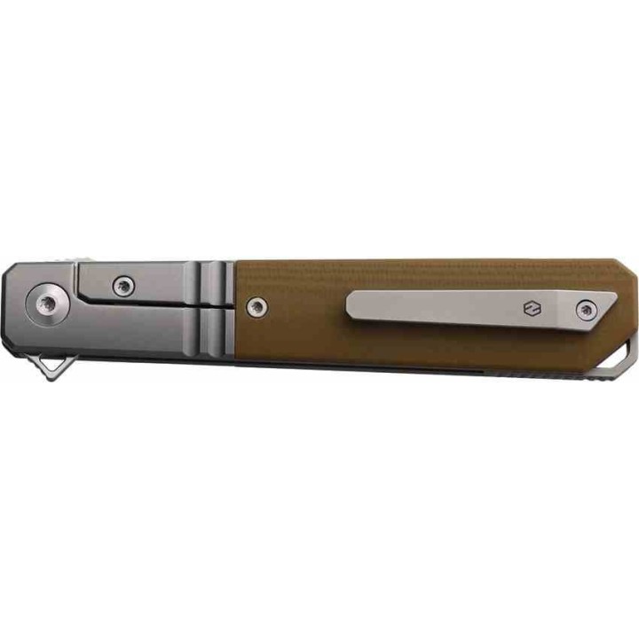 Couteau Karbon Flatline Tan Manche G10/Titane Lame Acier 154CM Satin IKBS Framelock Clip KARB113 - Livraison Gratuite