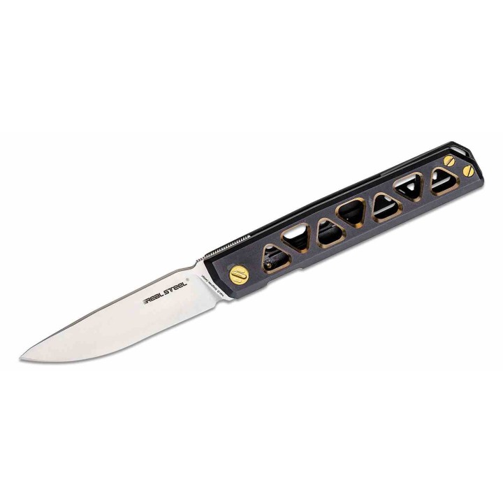 Couteau Real Steel Bruns BlackGold Manche Titane Lame Acier VG-10 Frame Lock Clip RS7661G - Livraison Gratuite