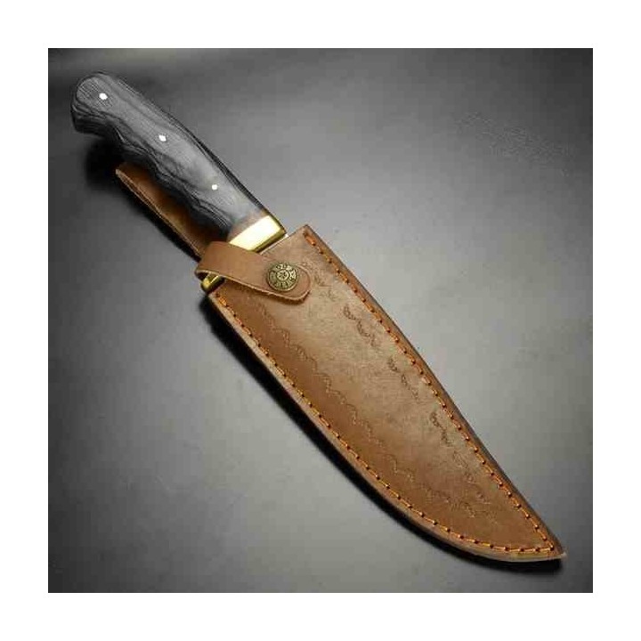 Bowie Couteau de Chasse Survie Lame Acier Carbone 1055 Manche Bois Etui Cuir PA203421BK - Livraison Gratuite