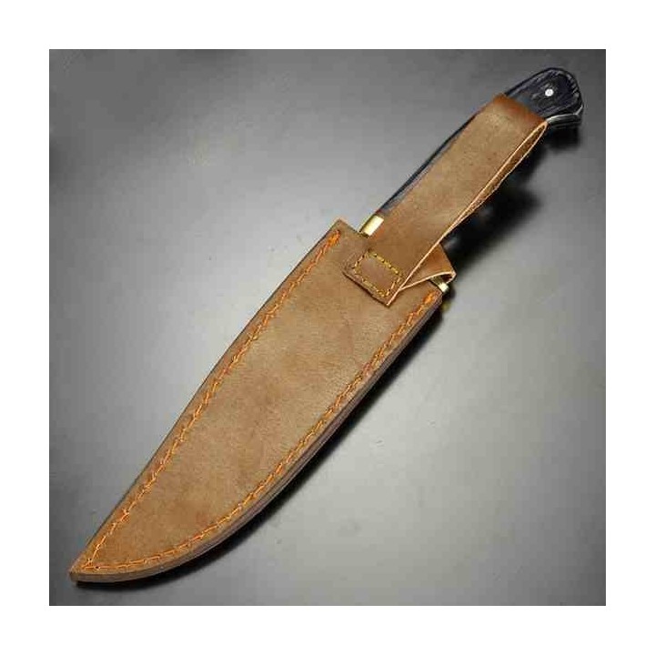 Bowie Couteau de Chasse Survie Lame Acier Carbone 1055 Manche Bois Etui Cuir PA203421BK - Livraison Gratuite