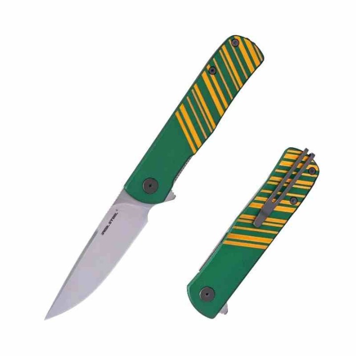 Couteau Real Steel Karly Green/Gold Manche Aluminium Lame Acier VG10 IKBS Linerlock Clip RS6051 - Livraison Gratuite