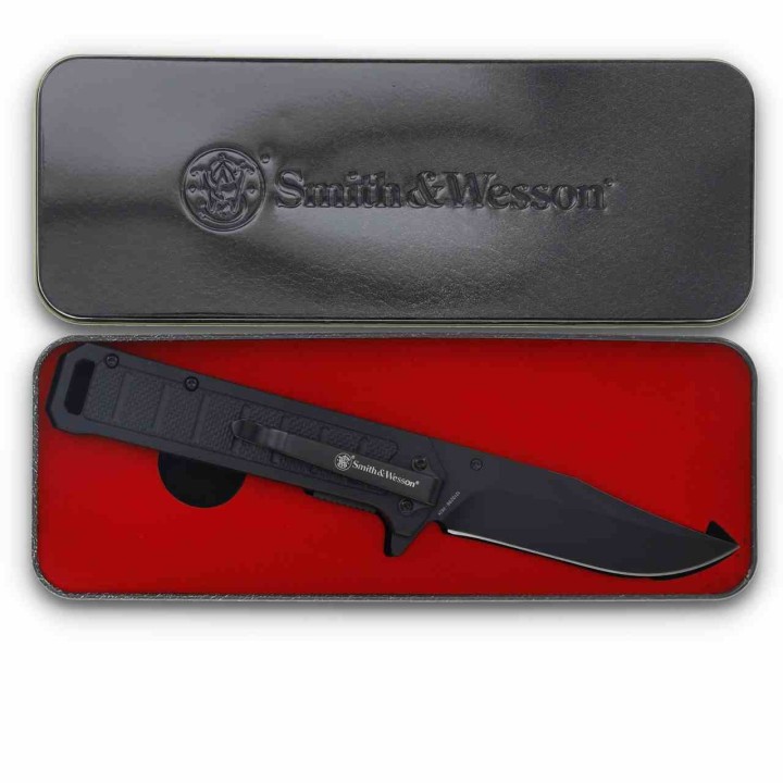 Couteau Smith&Wesson A/O Lame Acier 3Cr13 Manche Aluminium Linerlock Clip Boite Métal SWP1208873 - Livraison Gratuite