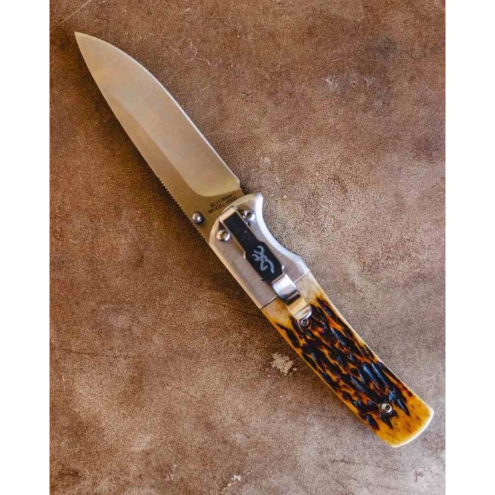 Couteau Browning Buckmark Hunter Bone Manche Os Lame Acier 8Cr13MoV Linerlock Clip BR0500B - Livraison Gratuite