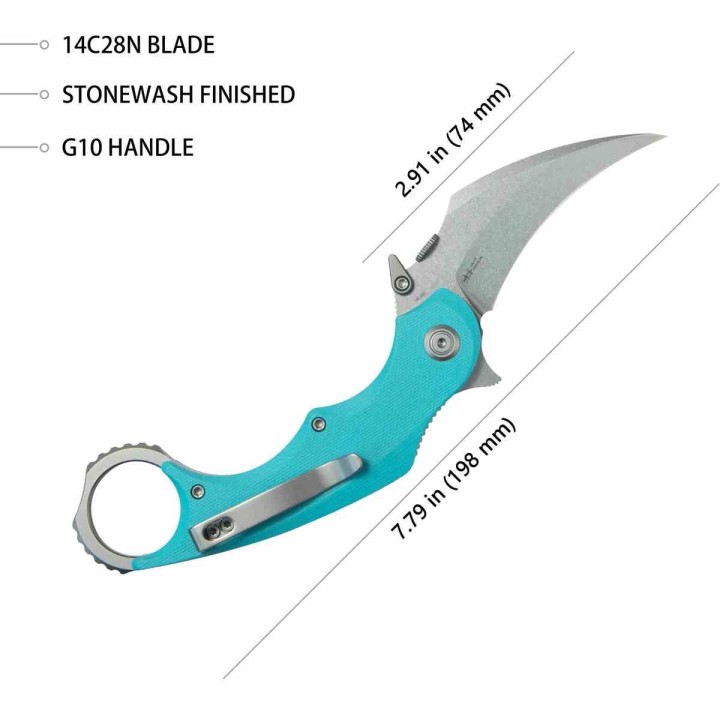 Couteau Kubey Rogue Pikal Karambit Blue Manche G10 Lame Acier 14C28N SW IKBS Linerlock Clip KUB298C - Livraison Gratuite