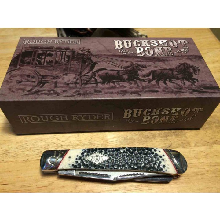 Couteau Rough Ryder Buckshot Bone Trapper Lames Acier 440A Manche Os Slip Joint RR1544 - Livraison Gratuite
