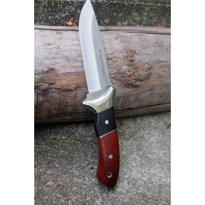 Couteau de Chasse Bushcraft Winchester Lame Acier 420 Manche Bois Etui Nylon G41790 - Livraison Gratuite