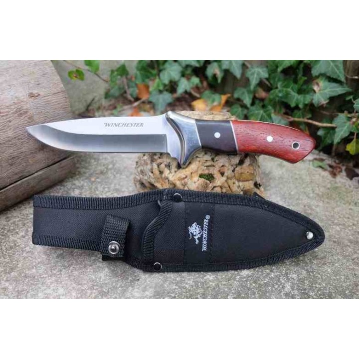 Couteau de Chasse Bushcraft Winchester Lame Acier 420 Manche Bois Etui Nylon G41790 - Livraison Gratuite