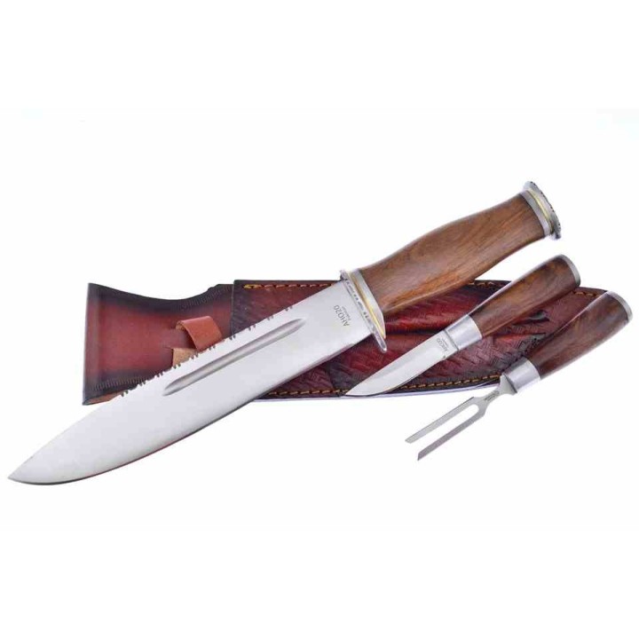 Set de 3 Pièces Bowie + Fourchette + Couteau Dépecer Lame Acier Inox Manche Bois Etui CUir AH020 - Livraison Gratuite