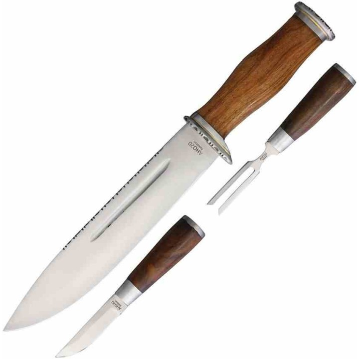Set de 3 Pièces Bowie + Fourchette + Couteau Dépecer Lame Acier Inox Manche Bois Etui CUir AH020 - Livraison Gratuite