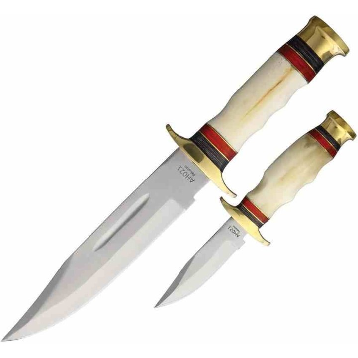 AH021 Set de 2 Couteaux American Hunter Manche Os Lame Acier Inox Etui Cuir - Livraison Gratuite