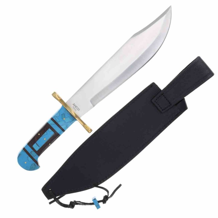 Couteau Bowie American Hunter Manche Turquoise & Bois Lame Acier Inox Etui Cuir AH030 - Livraison Gratuite
