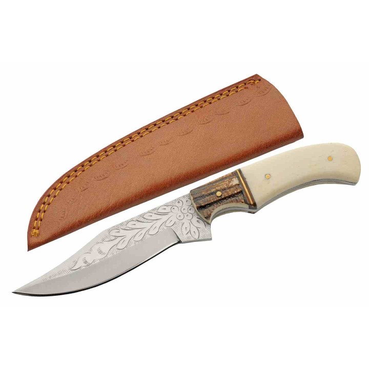 Couteau D'Elfe à Lame Fixe Manche Os Lame Acier Inox Etui Cuir PA203515 - Livraison Gratuite