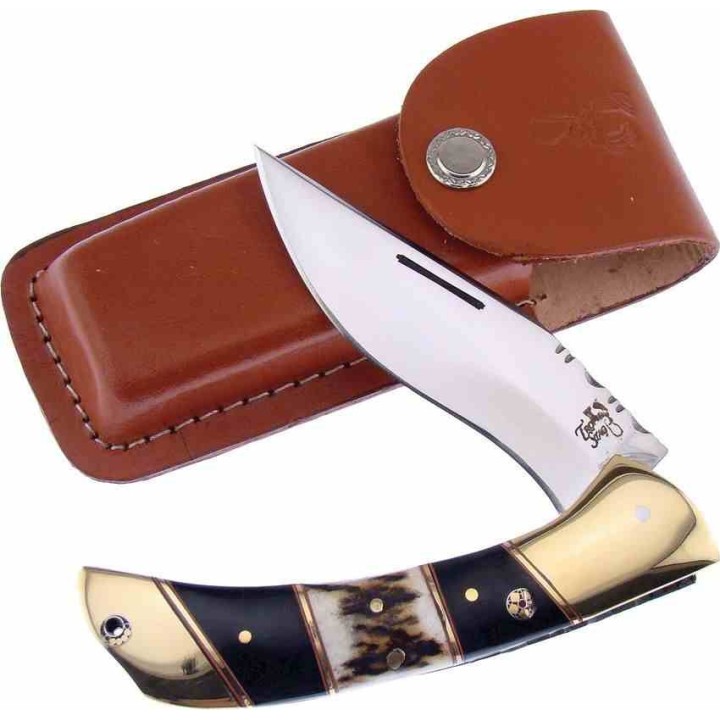 Couteau de Poche Frost Cutlery Manche Bois de Cerf/Corne Lame Acier Inox Etui Cuir FTS197 - Livraison Gratuite