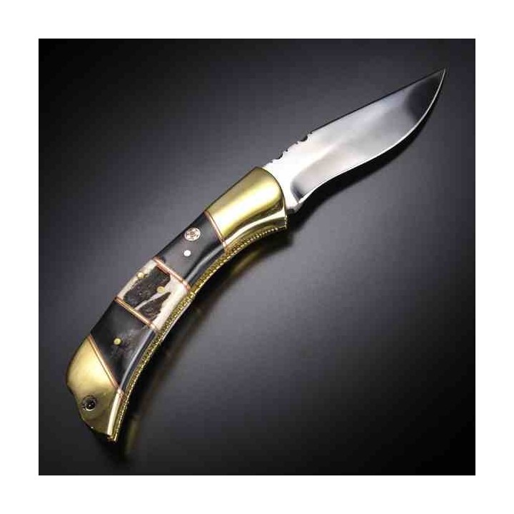 Couteau de Poche Frost Cutlery Manche Bois de Cerf/Corne Lame Acier Inox Etui Cuir FTS197 - Livraison Gratuite
