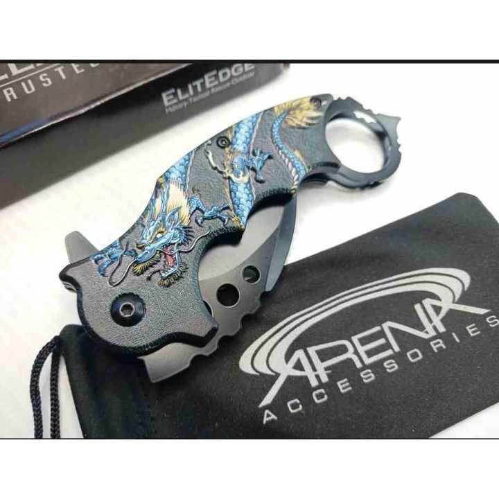 LOT DE 3 Couteau ElitEdge Blue Dragon Karambit A/O Lame Acier Inox Manche ABS Linerlock Clip EE10A52BL - Livraison Gratuite