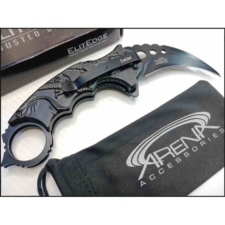 LOT DE 3 Couteau ElitEdge Blue Dragon Karambit A/O Lame Acier Inox Manche ABS Linerlock Clip EE10A52BL - Livraison Gratuite