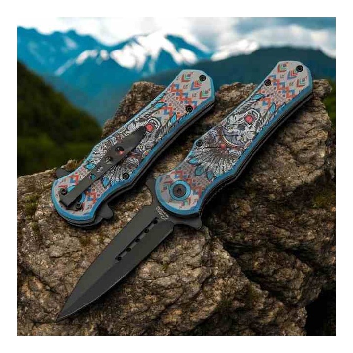 LOT DE 3 Couteau Rite Edge Blue Wolf Native American A/O Lame Acier 3Cr13 Clip Linerlock CN300603WF - Livraison Gratuite