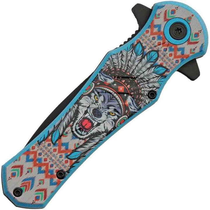 LOT DE 3 Couteau Rite Edge Blue Wolf Native American A/O Lame Acier 3Cr13 Clip Linerlock CN300603WF - Livraison Gratuite