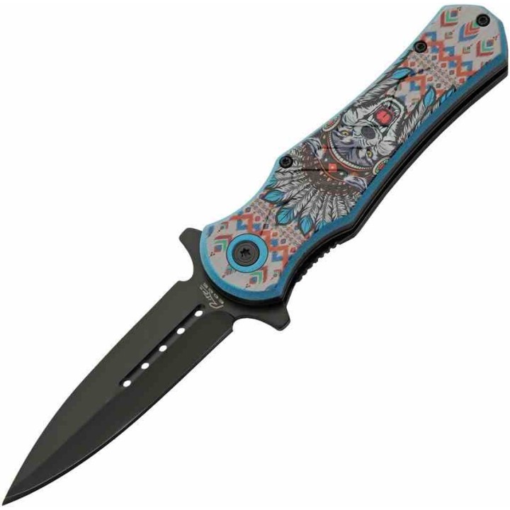 LOT DE 3 Couteau Rite Edge Blue Wolf Native American A/O Lame Acier 3Cr13 Clip Linerlock CN300603WF - Livraison Gratuite