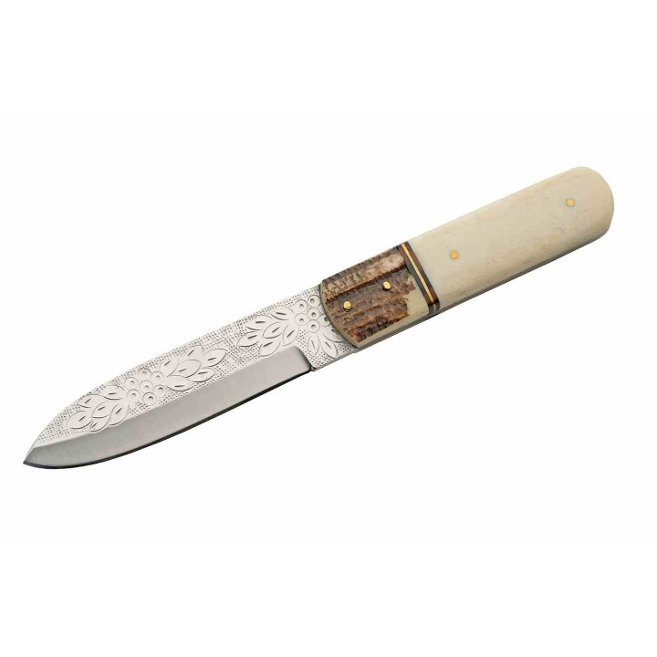 Couteau Elfique Ivy Stag Hunter Manche OS/Bois de Cerf Lame Gravée Etui Cuir PA203514 - Livraison Gratuite