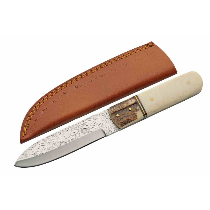 Couteau Elfique Ivy Stag Hunter Manche OS/Bois de Cerf Lame Gravée Etui Cuir PA203514 - Livraison Gratuite