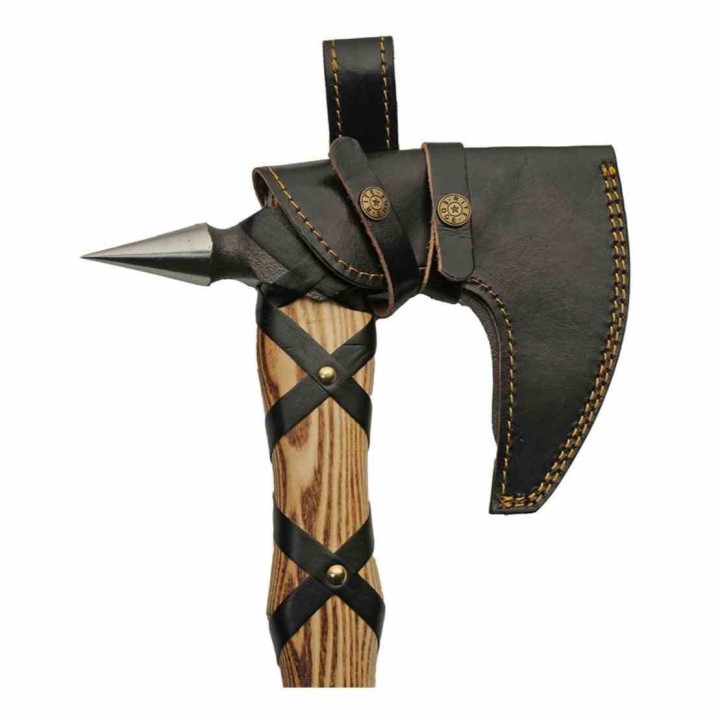 Hache Viking Beard Axe Pickaxe Lame Acier Carbone Manche Bois Etui Cuir PA882464 - Livraison Gratuite