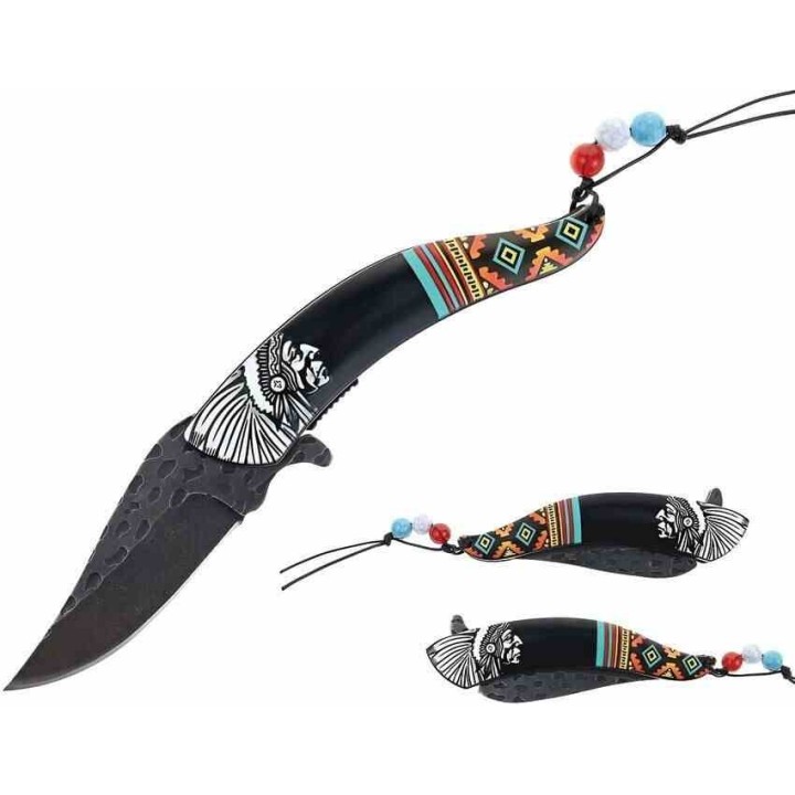 Lot de 2 Couteau Semi Automatique Indien Native Spirit Chef Lame Acier Inox Manche Avec Perles STT27026BK - Livraison Gratuite